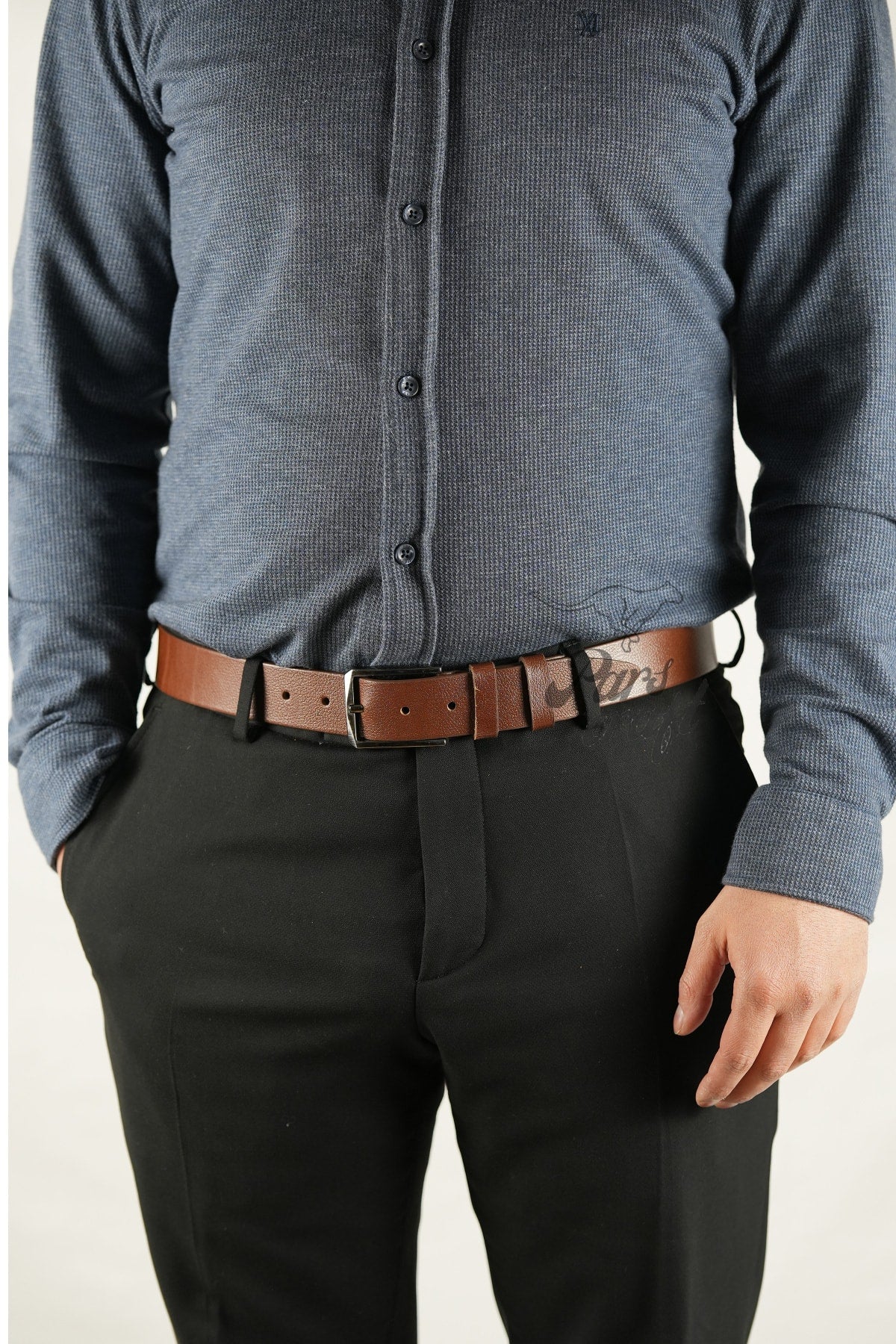 Genuine Buffalo Leather Men's Belt 3,5 Cm Brown Classic Fabric Trouser Belt