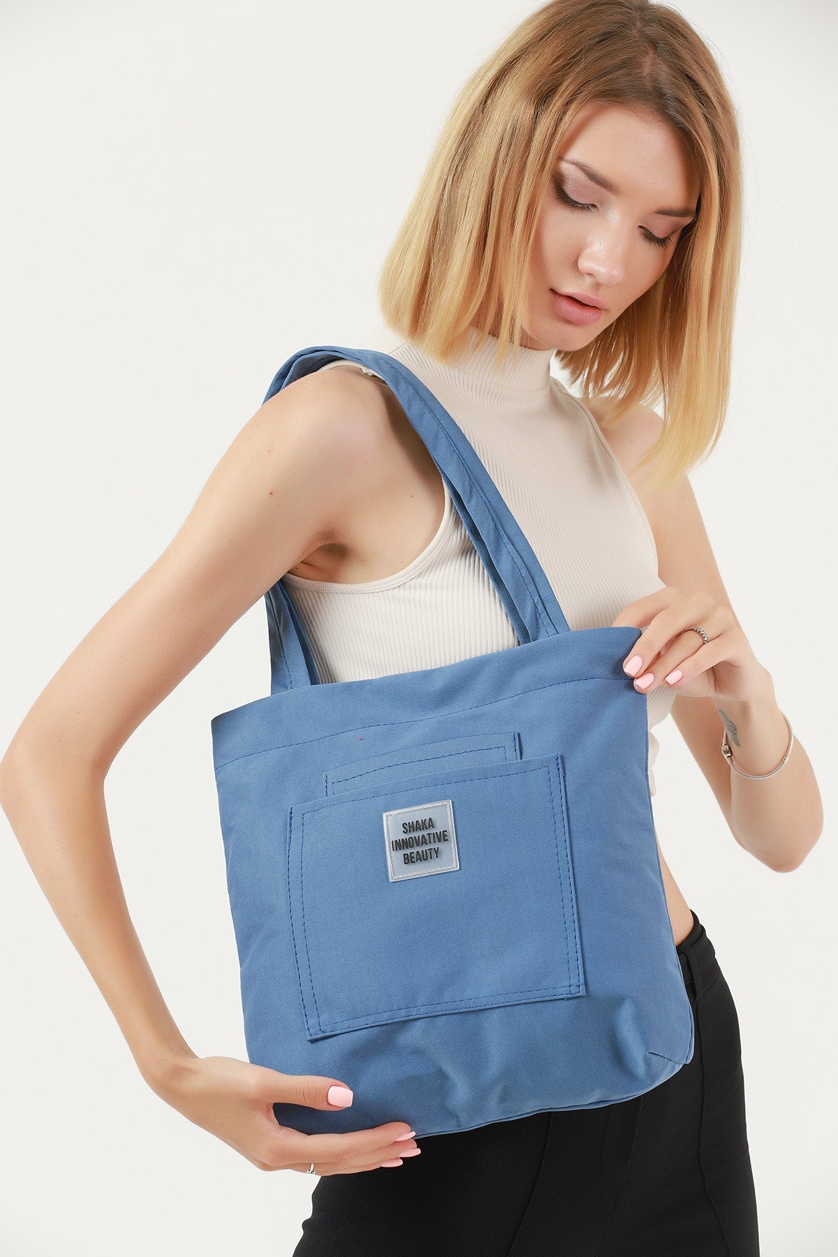 Indigo U22 3-Compartment Front 2 Pocket Detailed Canvas Fabric Daily Women'S Arm And Shoulder Bag B:35 E:35