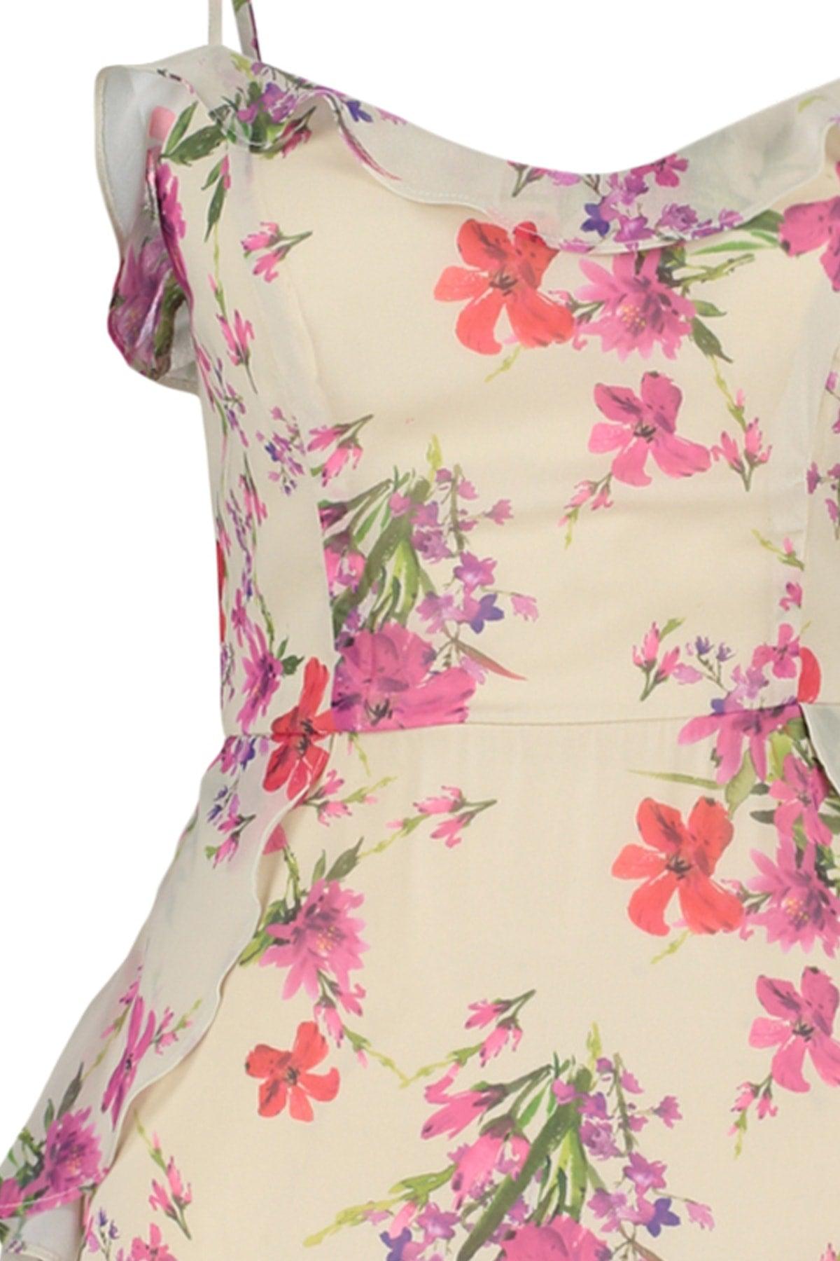 Beige A-Line Mini Woven Lined Flared Floral Dress TWOSS20EL1267 - Swordslife