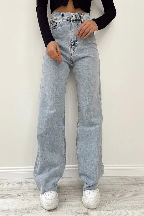Perry Light Blue Snow Wash Super High Waist Wide Leg Denim Jeans - Swordslife