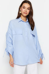 Light Blue Sleeves Adjustable Ruffle Detailed Woven Cotton Shirt TCTSS23TG00011 - Swordslife