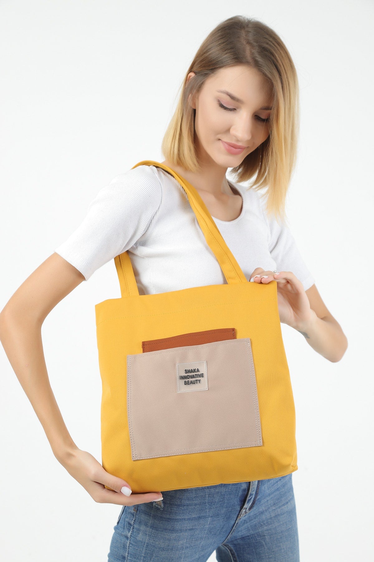 Mustard/Tile/Mink U22 3-Compartment Front 2 Pockets Detailed Canvas Fabric Daily Women'S Arm And Shoulder Bag B: