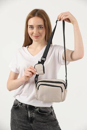 Cream U4 Canvas Women'S Cross Shoulder Bag With 2 Compartments And Wallet With Adjustable Strap B:17 E:22 G:12