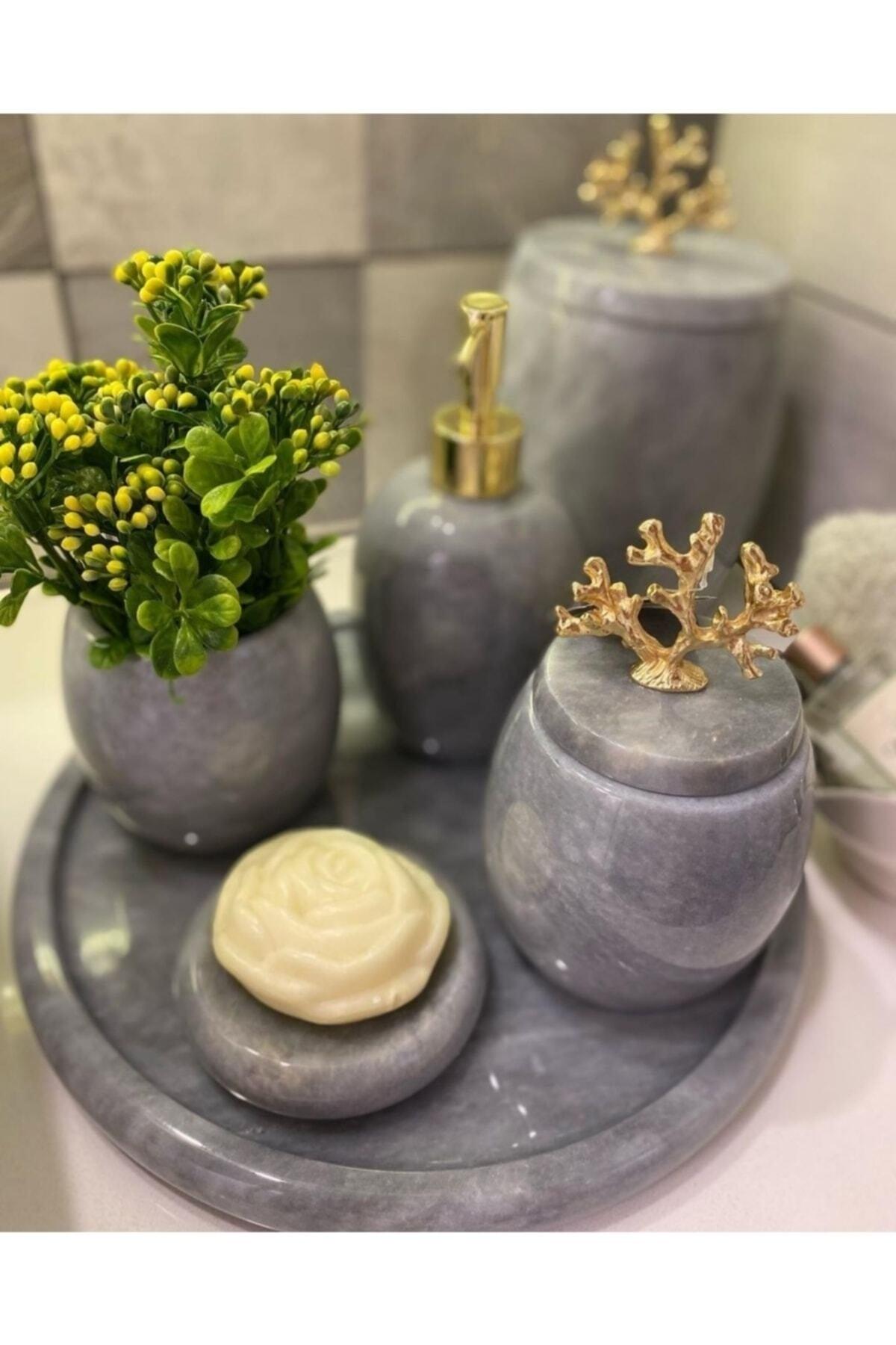 Decorative Gray Marble Bathroom Set Set Gold Detailed 7 Pcs Design Set - Swordslife