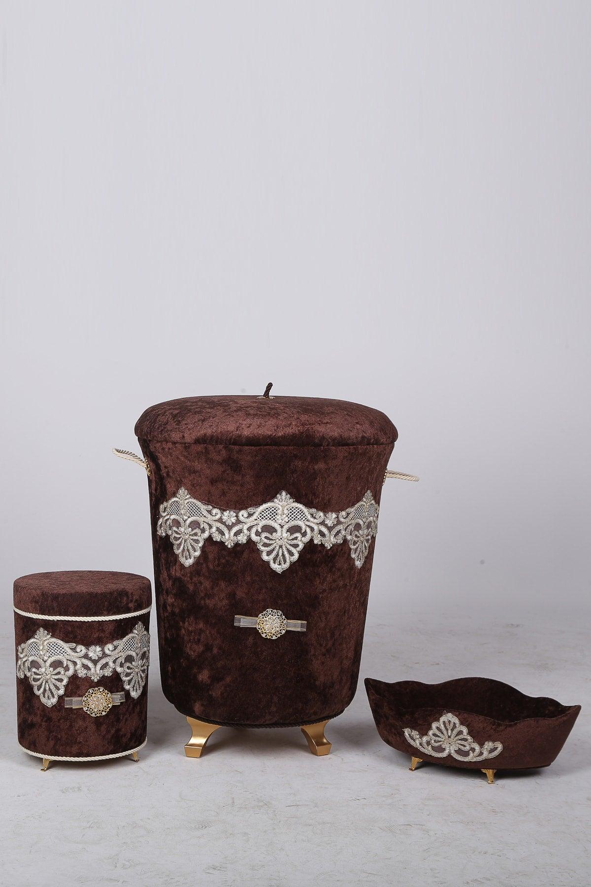 Golden Coffee 3 Pieces Velvet Dowry Lacy Bathroom Dirty Laundry Basket Set - Swordslife