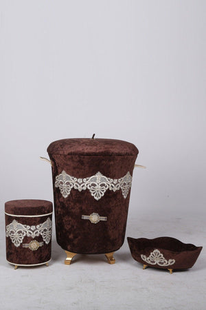 Golden Coffee 3 Pieces Velvet Dowry Lacy Bathroom Dirty Laundry Basket Set - Swordslife