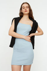 Blue Square Neck Spaghetti Strap Ribbed Flexible Fitted Mini Knitted Dress TWOSS21EL2327 - Swordslife