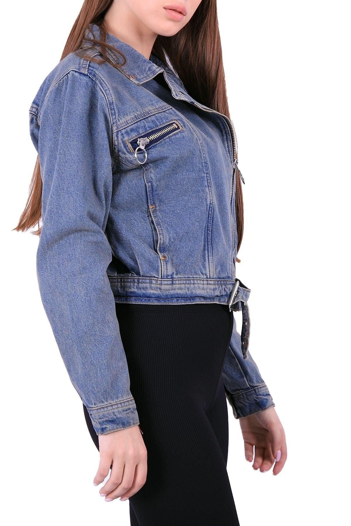 Zippered And Waist Belt Front Decorative Pocket Oversize Short Jeans Women's Jacket - Swordslife