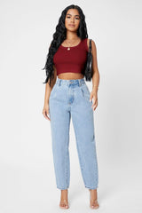 Women's Burgundy Square Neck Crop Top Blouse - Swordslife