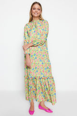 Dark Green Floral Pattern Half Pat Hem Frilled Woven Dress - Swordslife