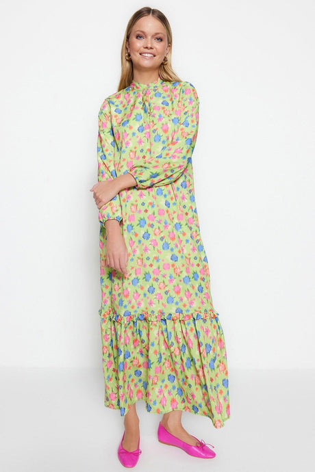 Dark Green Floral Pattern Half Pat Hem Frilled Woven Dress - Swordslife
