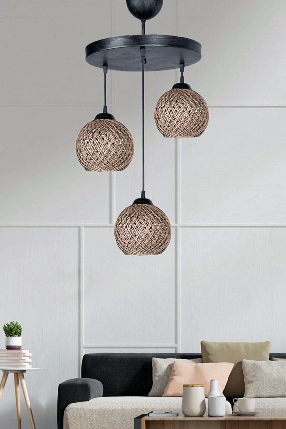 Set Of 3 Rustic Balle Ball Beige Pendant Lamp Chandelier