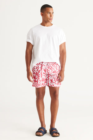 Men'S White Red Standard Fit Regular Fit Side Pockets Patterned Swimwear Marine Shorts