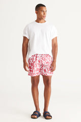 Men's White Red Standard Fit Regular Fit Side Pockets Patterned Swimwear Marine Shorts