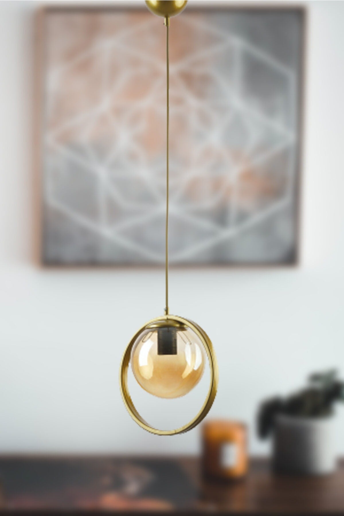 Nina Moderne Metall Gold Farbe Ring Geschlossen Honig Glas Pendelleuchte Wohnzimmer - Küche - Schlafzimmer Einzel Kronleuchter