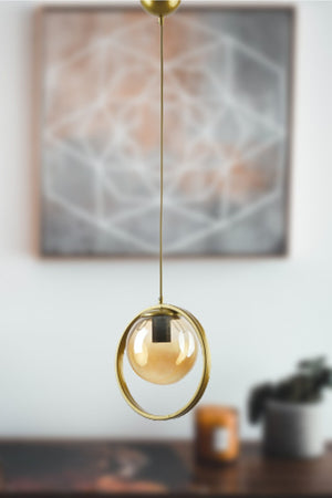 Nina Moderne Metall Gold Farbe Ring Geschlossen Honig Glas Pendelleuchte Wohnzimmer - Küche - Schlafzimmer Einzel Kronleuchter