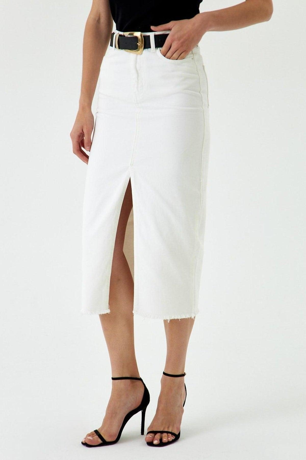 Slit Detailed Midi Length Cream Denim Skirt - Swordslife