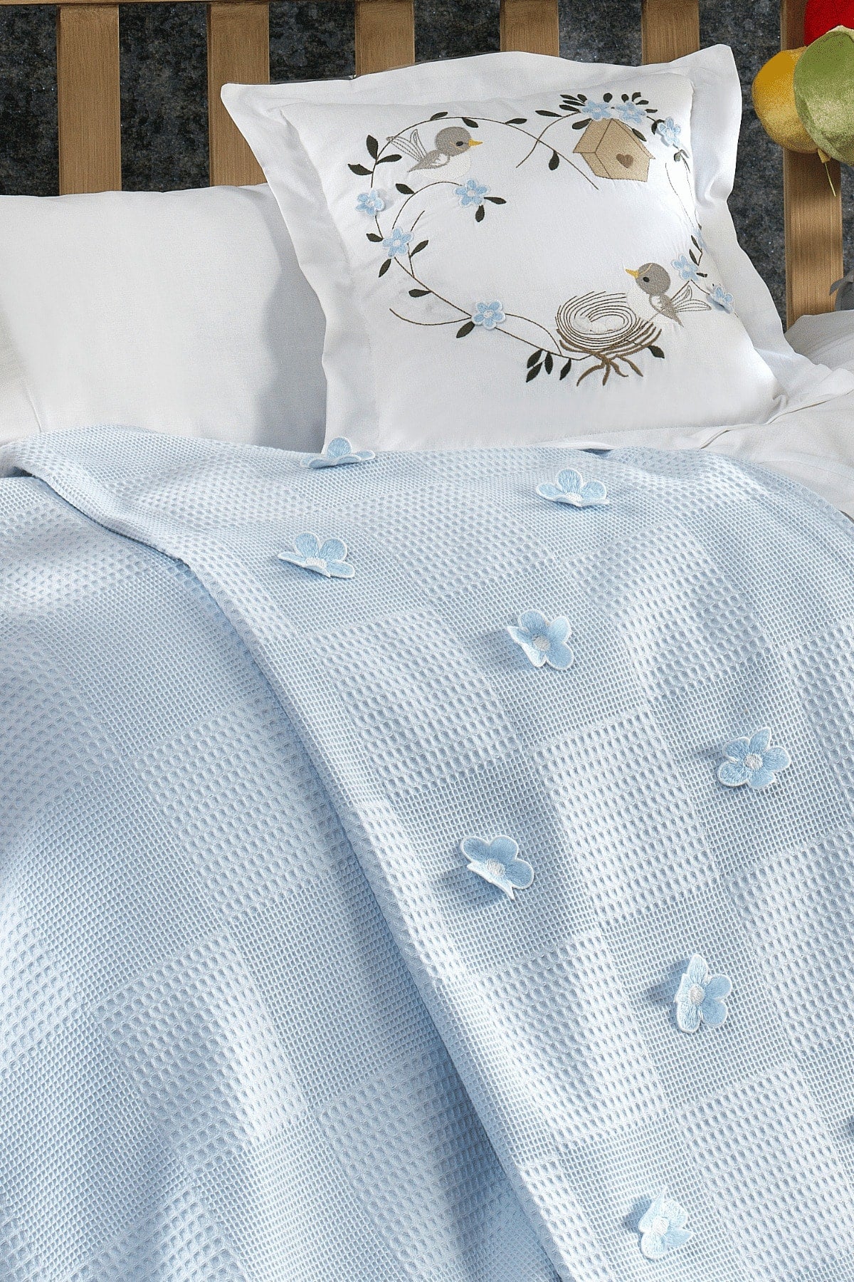 Pieces 100% Cotton, 3D Flower And Bird Patterned Cemre Blue Baby Duvet Cover Set