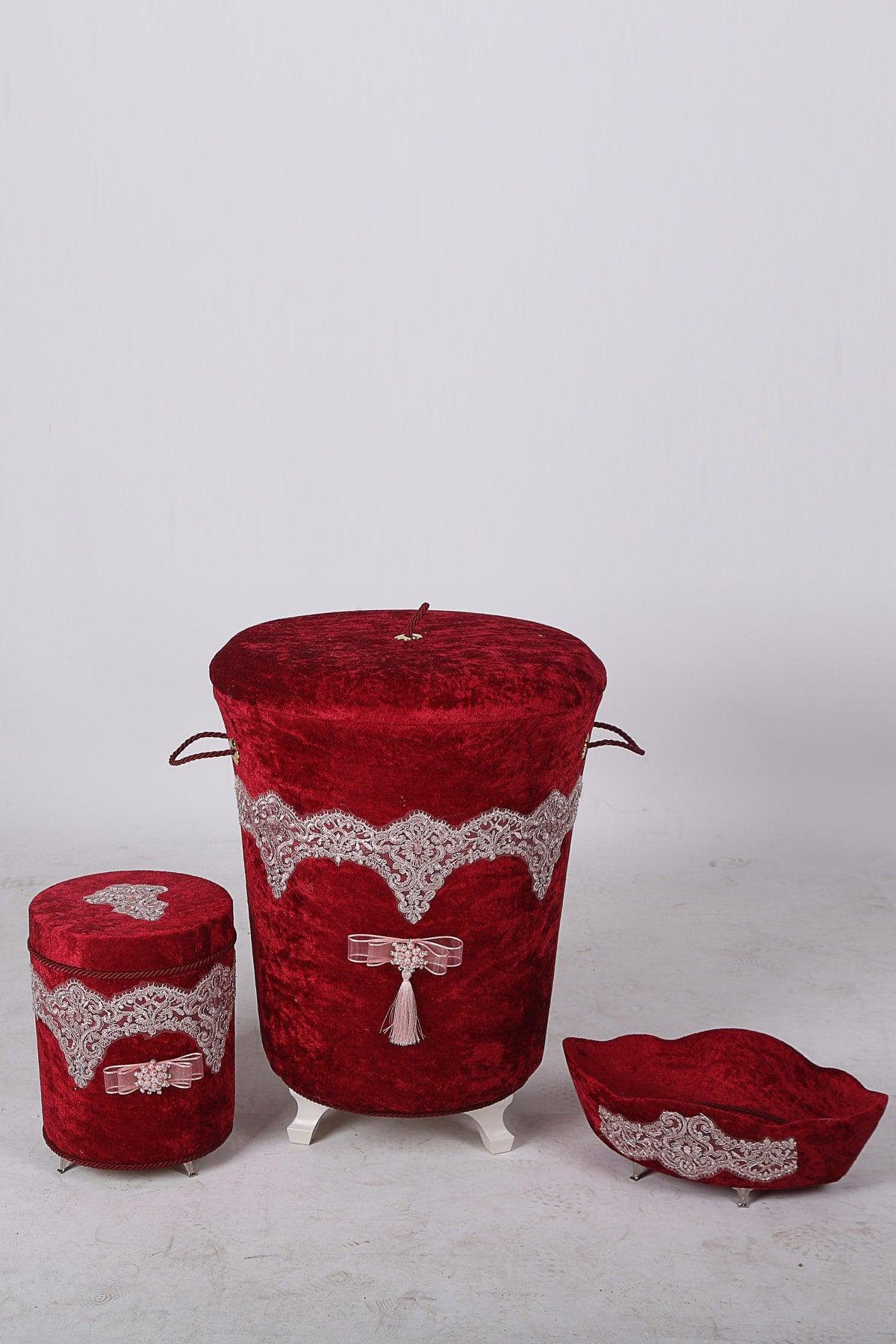 Luxury Claret Red 3 Piece Velvet Bathroom Set Guipure Dirty Laundry Basket Set - Swordslife