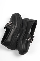 Capone Oval Toe Metal Buckle Trak Sole Black Women's Loafers