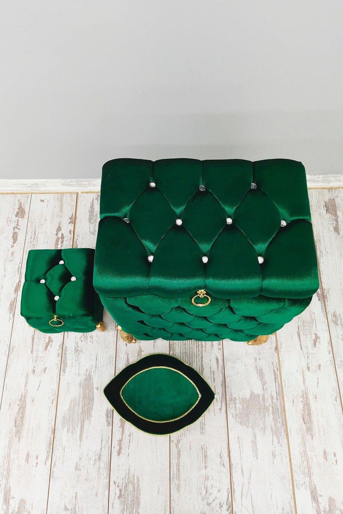 Quilted Emerald Green 3 Pcs Bathroom Set Laundry Basket Set Mdf Dirty Basket Set - Swordslife