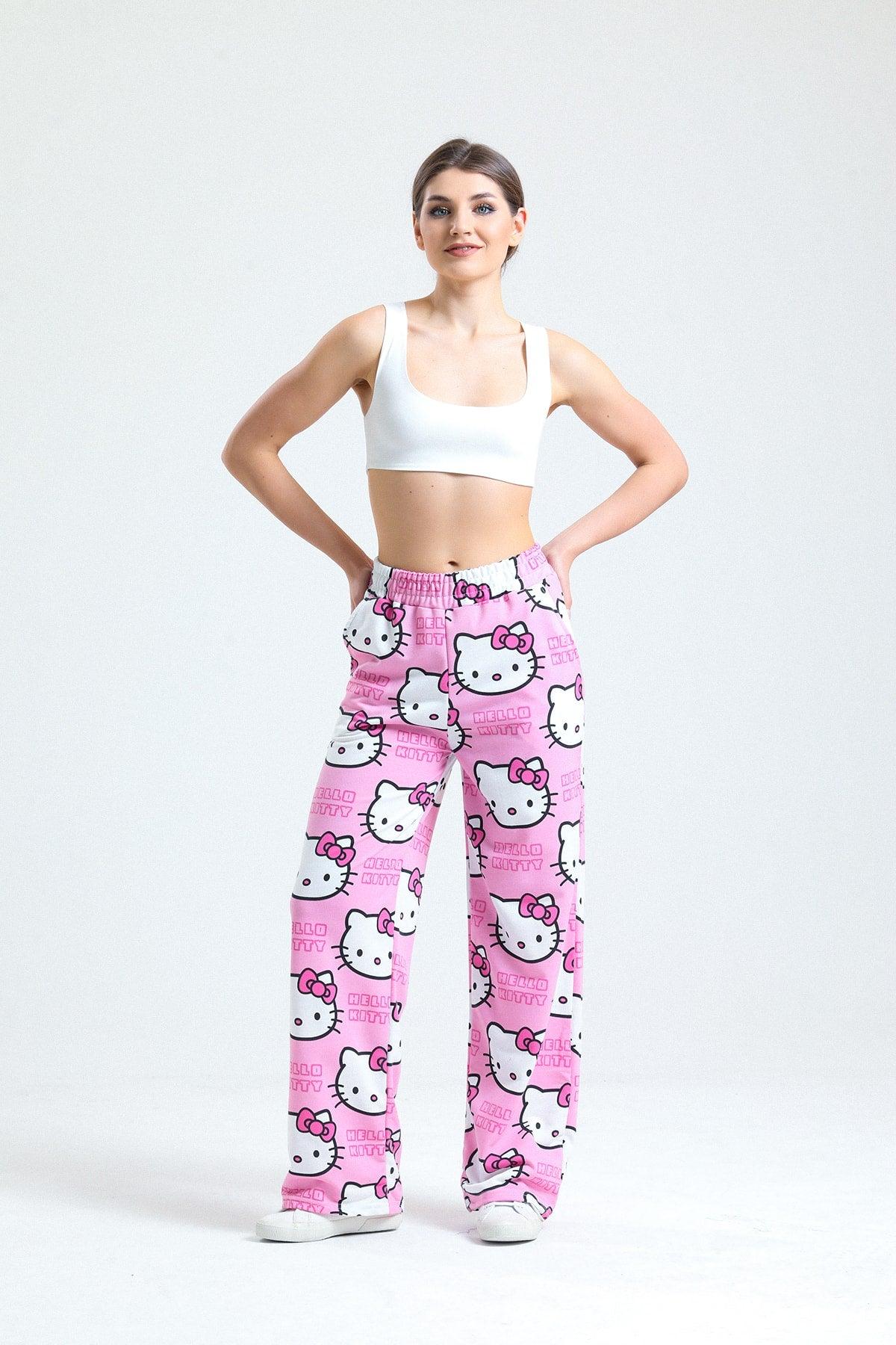Unisex Pink Hello Kitty Cat Wide Leg Sweatpants - Swordslife