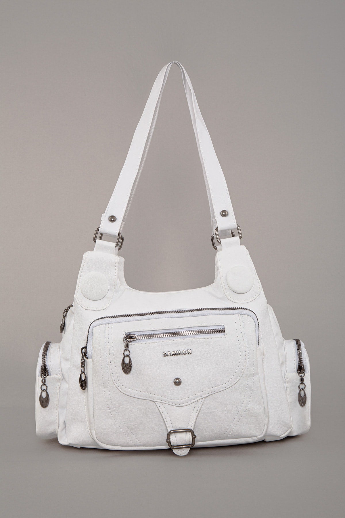 Women's White Wash Leather Multi-Section Shoulder And Hand Bag