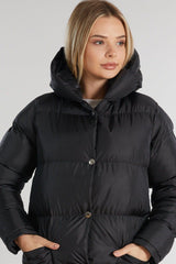 Women's Black Monica Regular Fit Long Front Button Filled Waterproof Fabric Hooded Coat Tbg094 - Swordslife