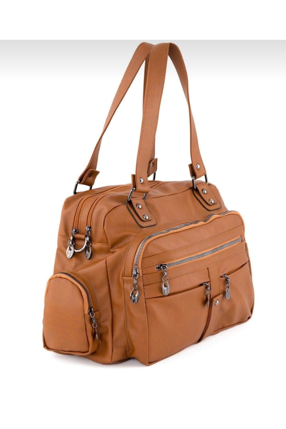 Samilon Women'S Tan Wash Leather Multi-Compartmental Shoulder And Handbag