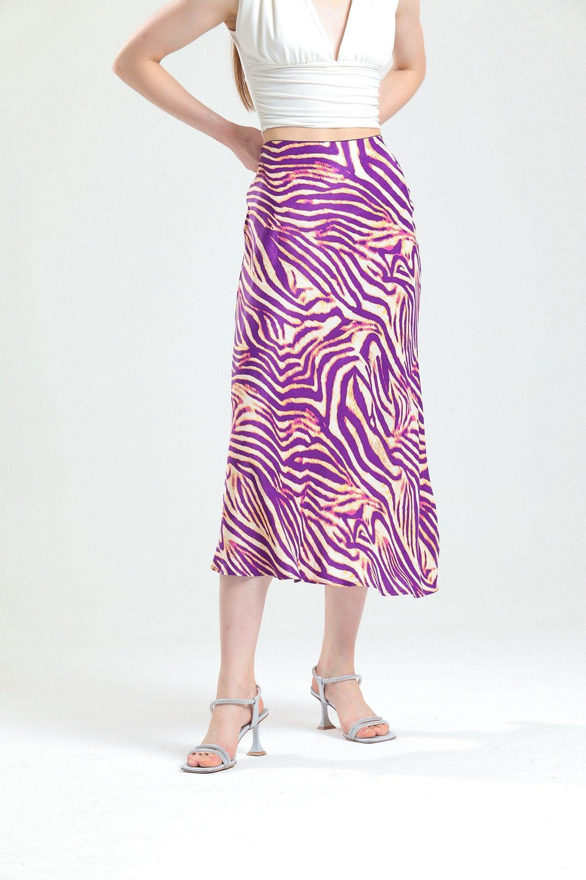 Zebra Pattern Viscose Satin Midi Skirt - Purple - Swordslife