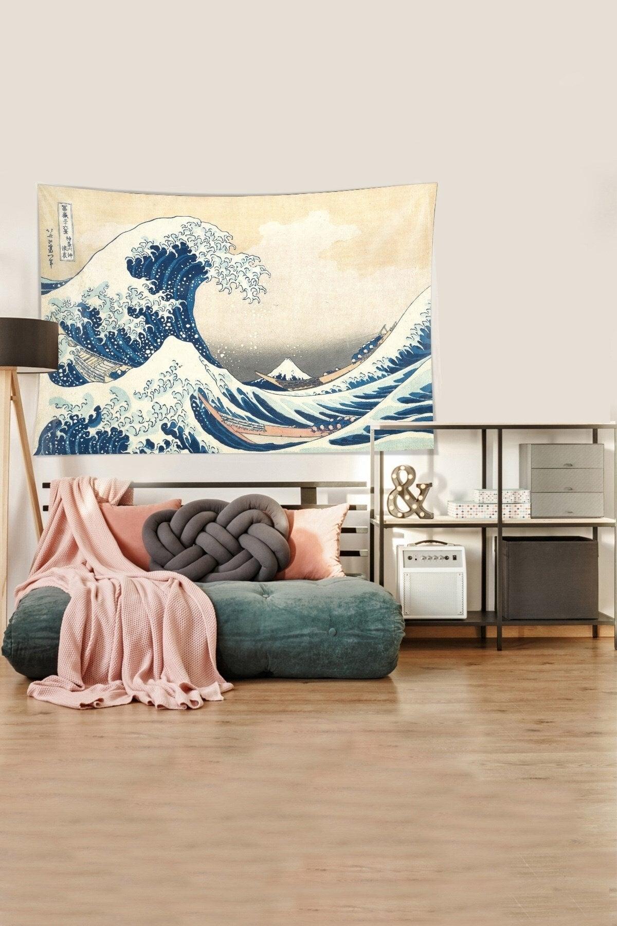 Beige-blue Katsushika Hokusai Series Stain Resistant Velvet Fabric Wall Covering Tapestry Tapestry - Swordslife