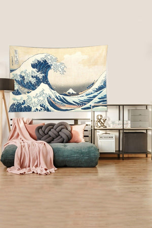 Beige-blue Katsushika Hokusai Series Stain Resistant Velvet Fabric Wall Covering Tapestry Tapestry - Swordslife