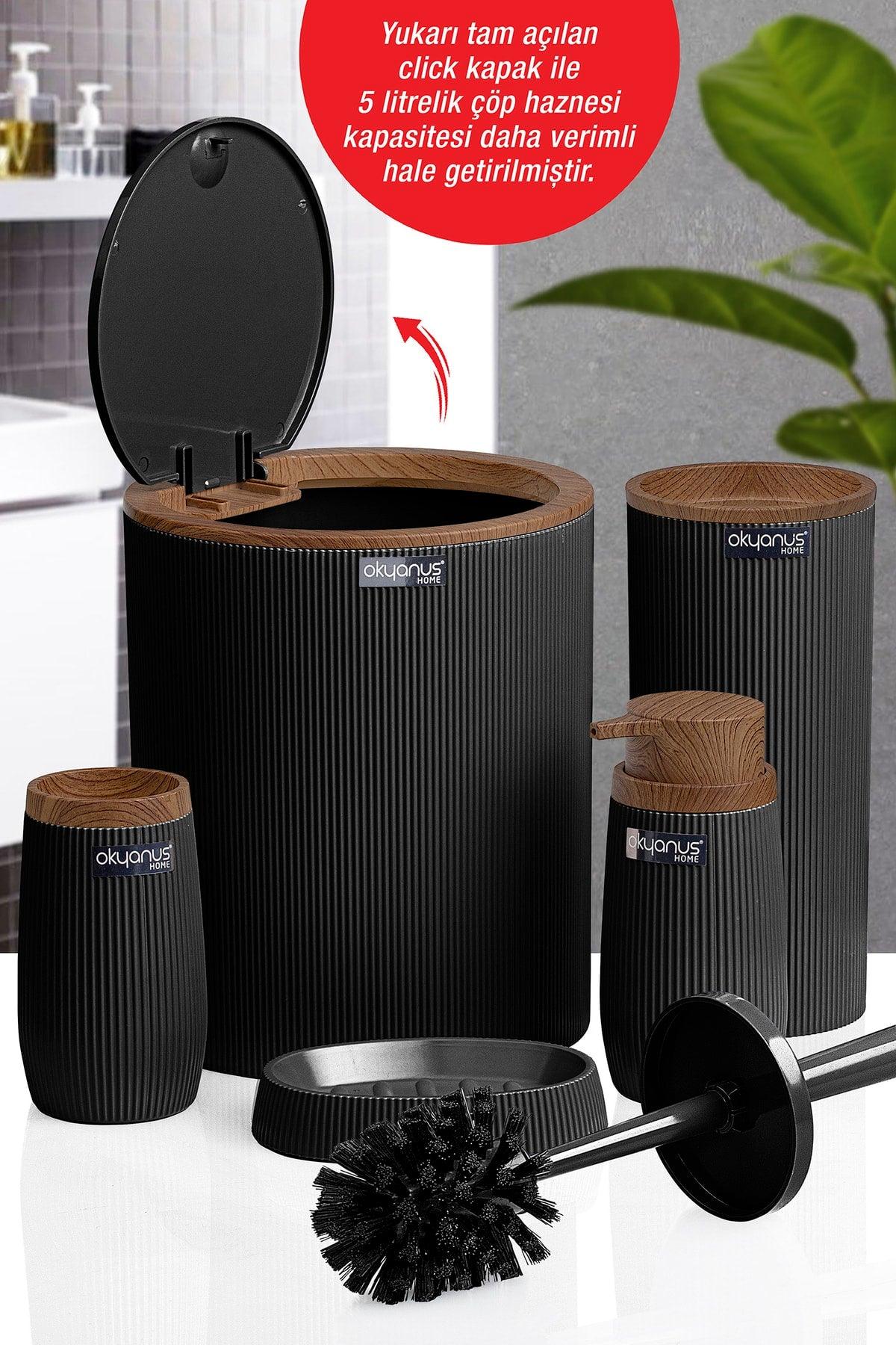 Black Wooden Striped Round 5 Piece Bathroom Set - Swordslife