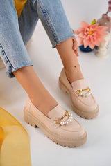 Women's Thick Sole Loafer Moccasin Shoes Pearl Beige - Swordslife