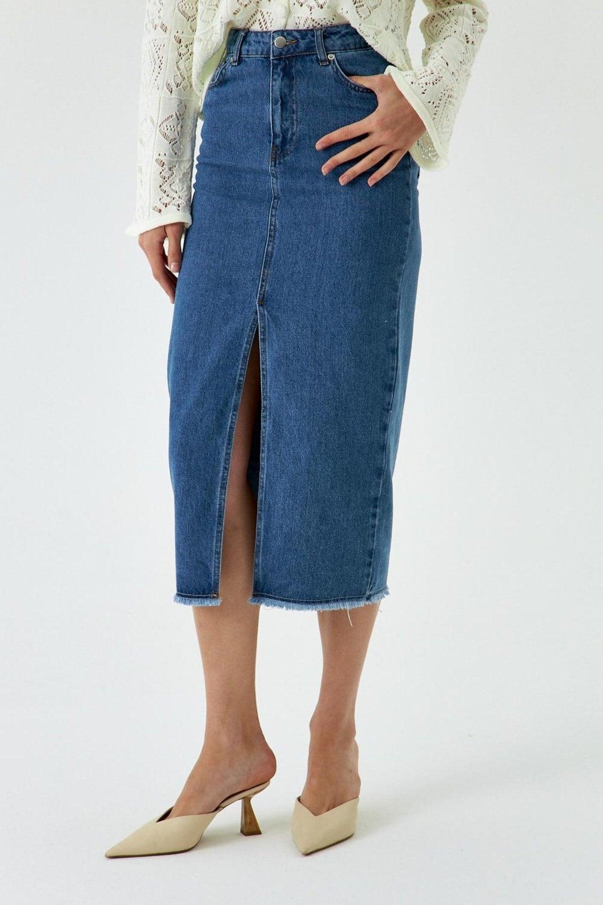 Slit Detailed Midi Length Dark Blue Denim Skirt - Swordslife