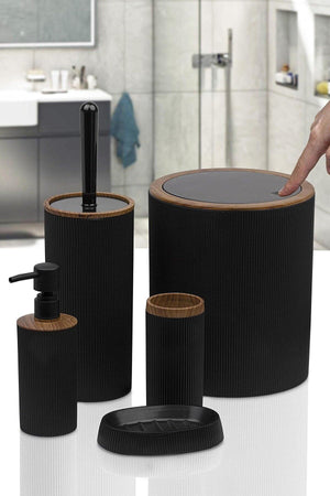 Trash Can Toilet Brush Soap Dispenser Toothbrush Holder Solid Soap Holder 5 Pieces Bathroom Set Black S-430-3-s - Swordslife