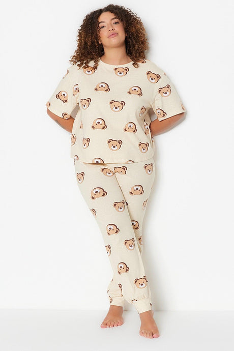 Ecru Teddy Bear Pattern Knitted Pajamas Set TBBAW23AI00039 - Swordslife