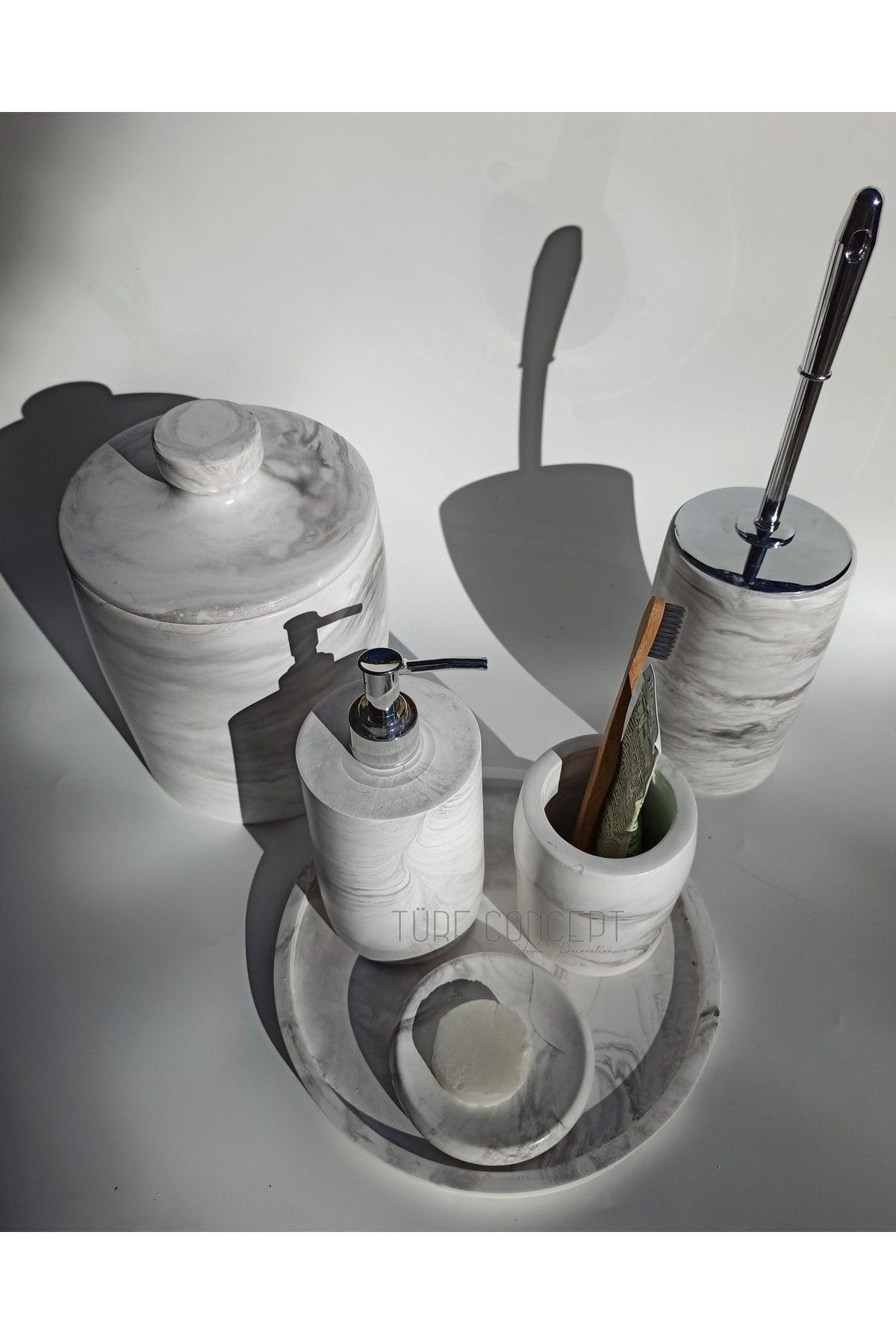 Marble Look Bathroom Set & Dustbin & Wc Brush & Soap Dispenser & Brush Set - Swordslife