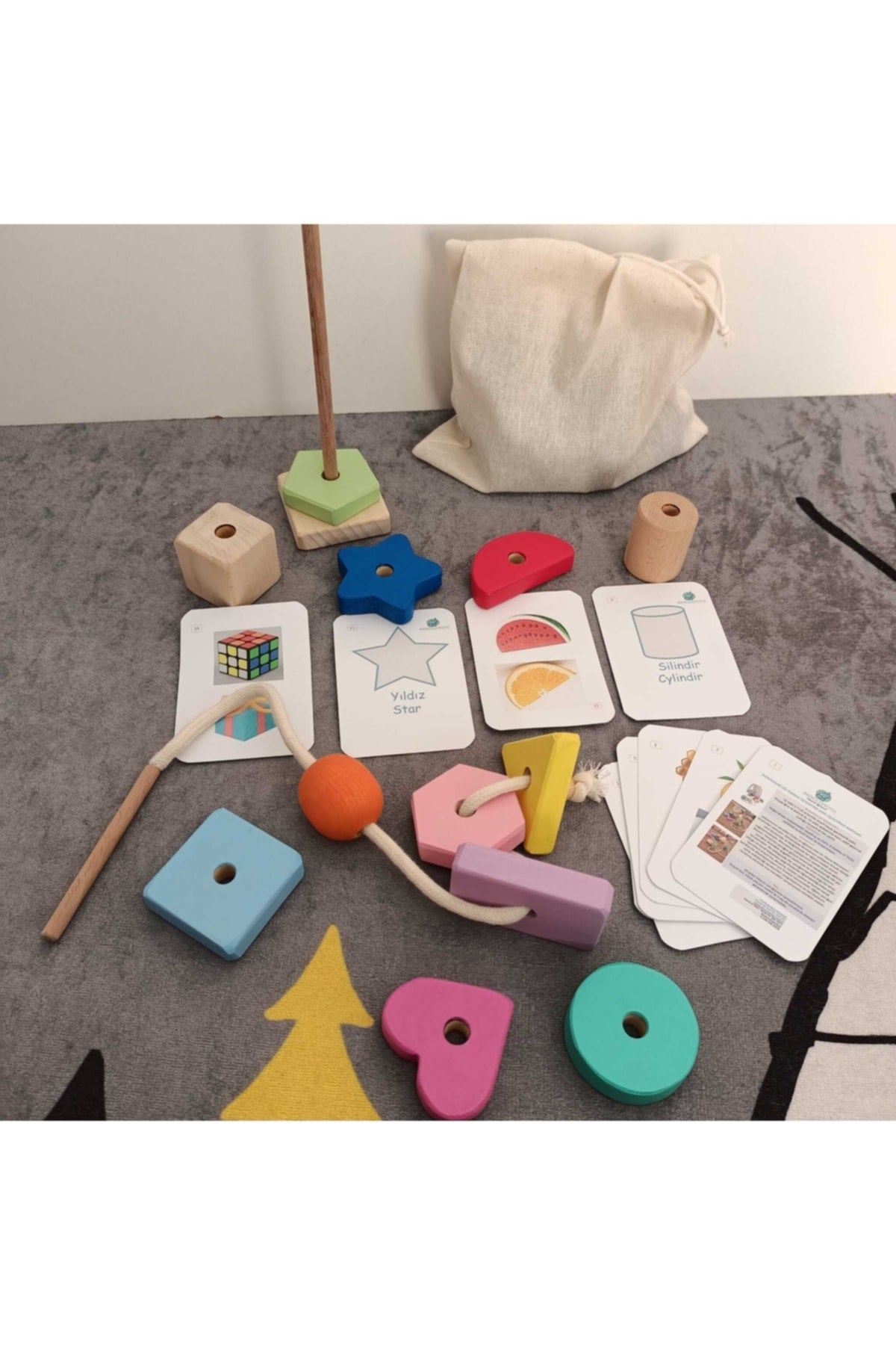 Montessori Hide Bag And Rope Geometric Shapes Binary Educational Card Game