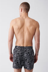 Men's Black Quick Dry Printed Standard Size Swimwear Marine Shorts E003802