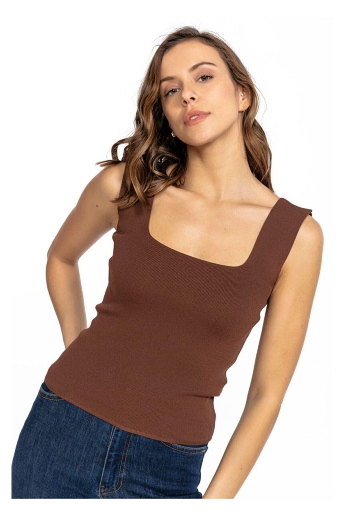 Women's Brown Square Collar Strap Knitwear Blouse Athlete - Swordslife