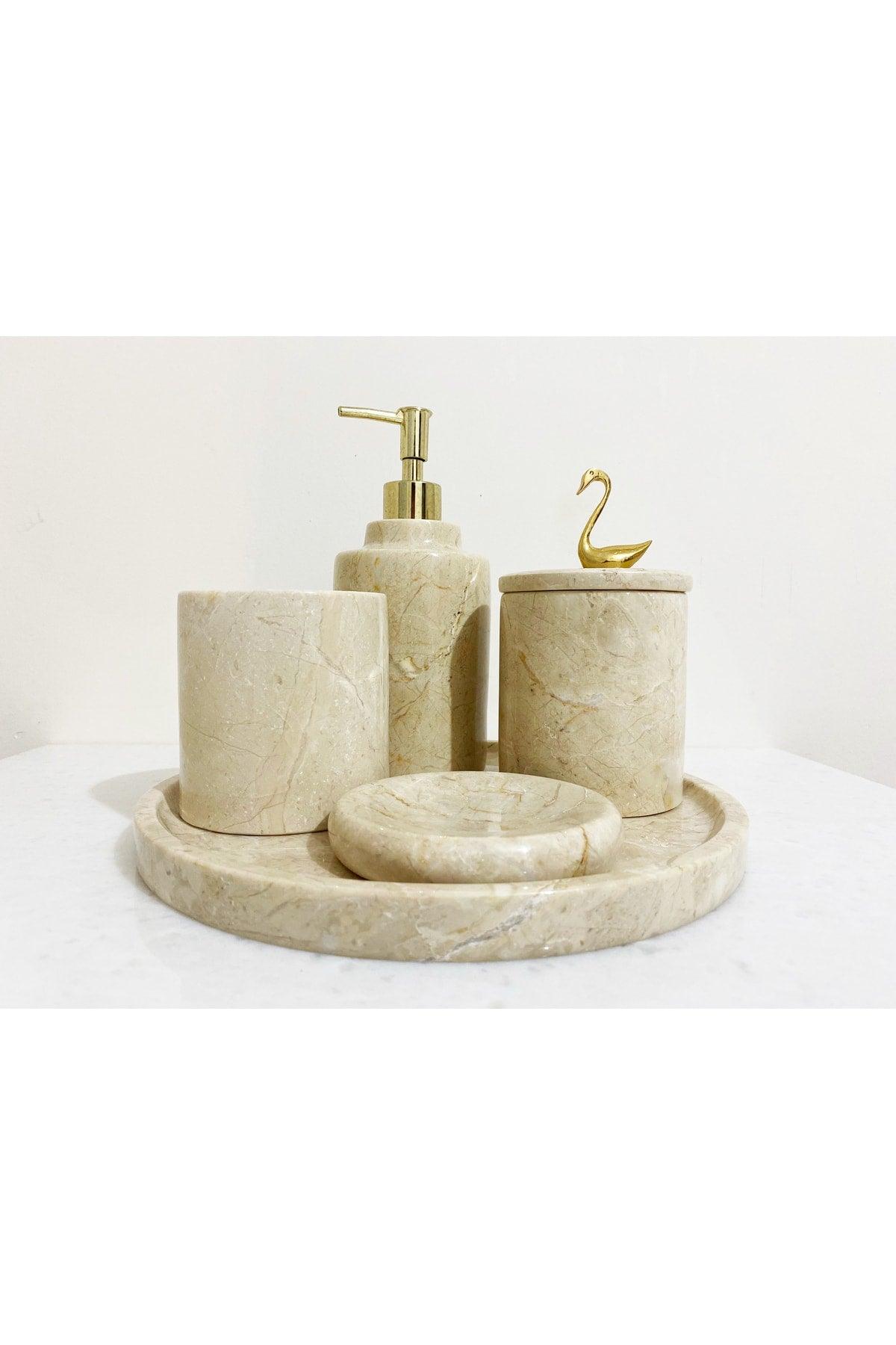 Natural Beige Marble Gold Swan Detailed 5 Pcs Bathroom Set Set - Swordslife