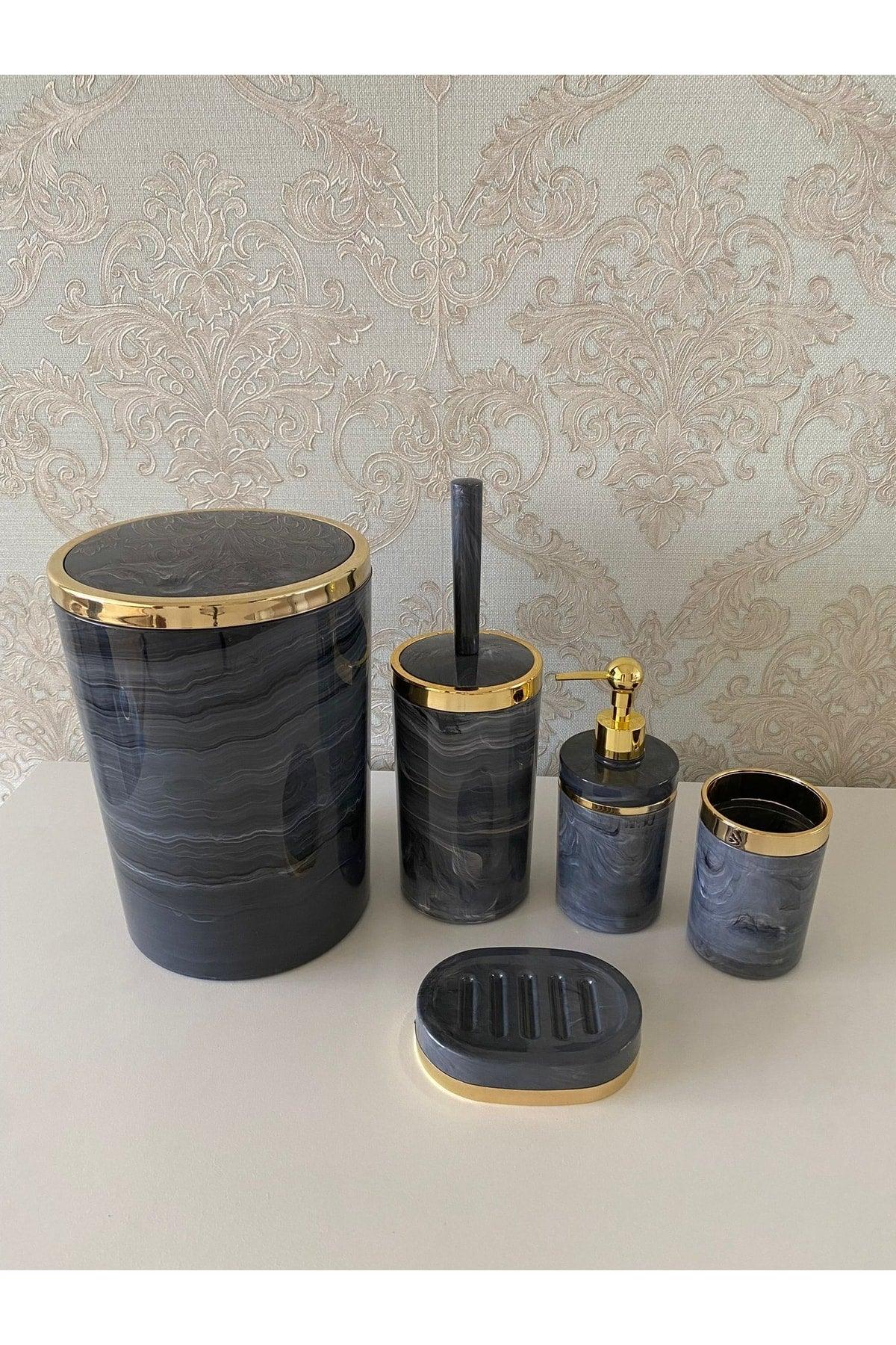 5 Pieces Marble Pattern Bathroom Set / Wc Brush Holder, Liquid - Solid Soap Dispenser, Dustbin, Toothbrush Holder - Swordslife