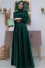 Women's Green (EMERALD) Belted Pleated Detailed Satin Evening Dress T 2973 - Swordslife
