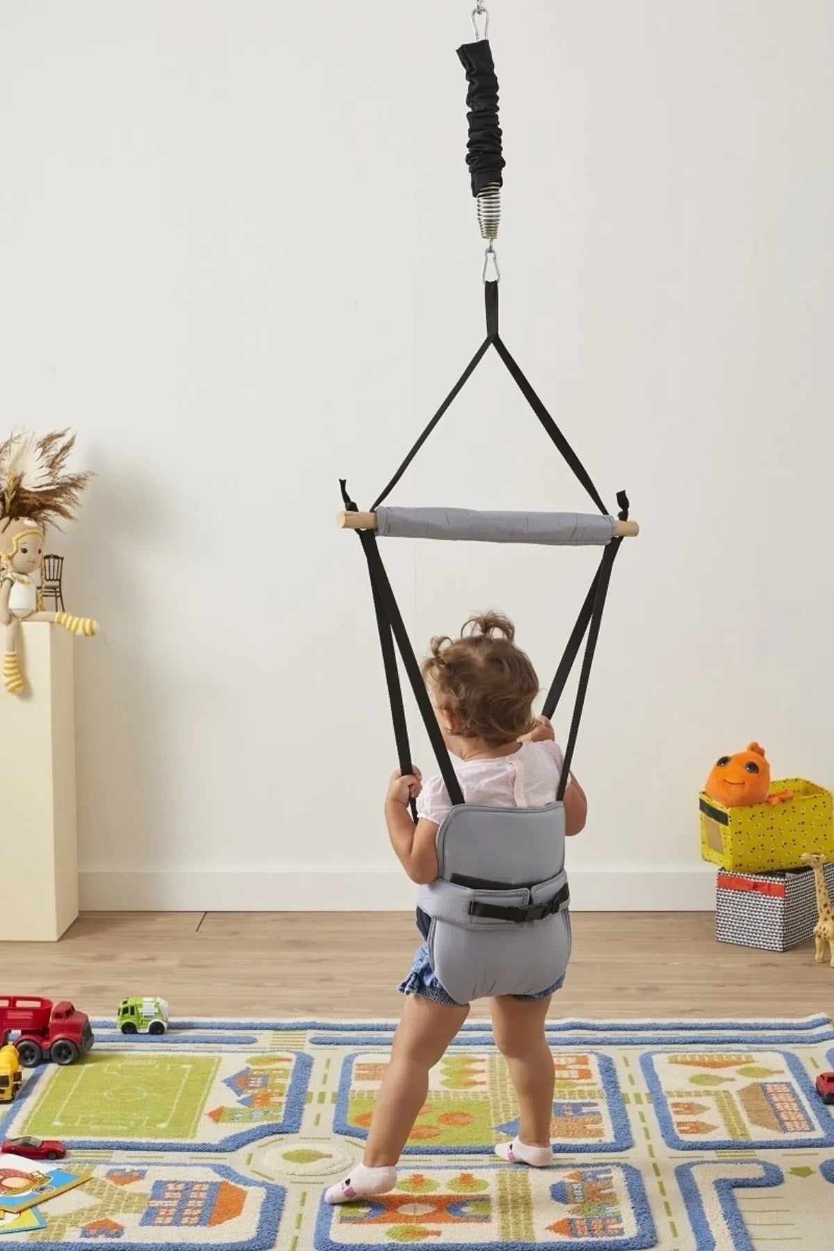 Hoppala Bouncer Kangaroo, Balance Baby Walker mit Feder Naturholz Grau