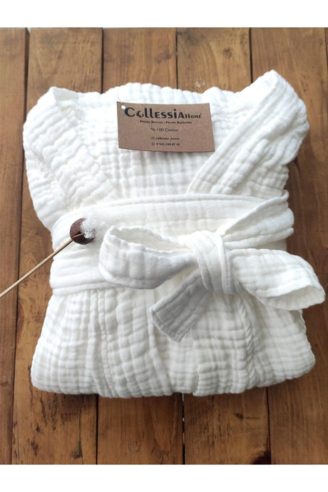 100% Organic Cotton 4 Layer Unisex Muslin Bathrobe Kimono Dressing Gown - White - Swordslife
