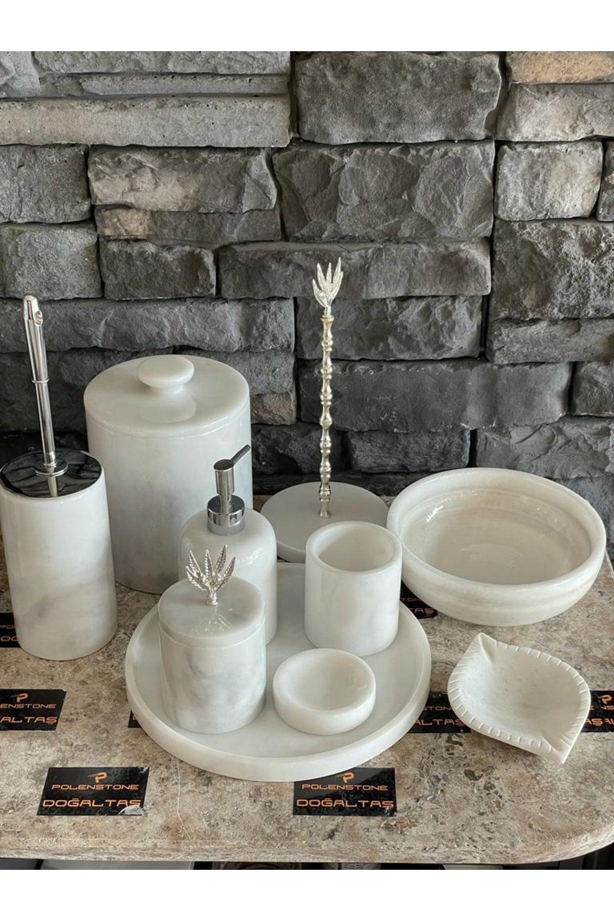 White Natural Marble Silver Olive Branch Accessory 10 Pcs Bathroom Set - Swordslife