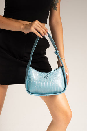 Women'S Crocodile Patterned Baby Blue Baguette Bag