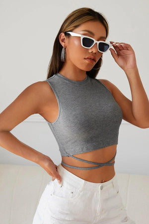 Women's Gray Cross-Cover Crop Top Blouse - Swordslife