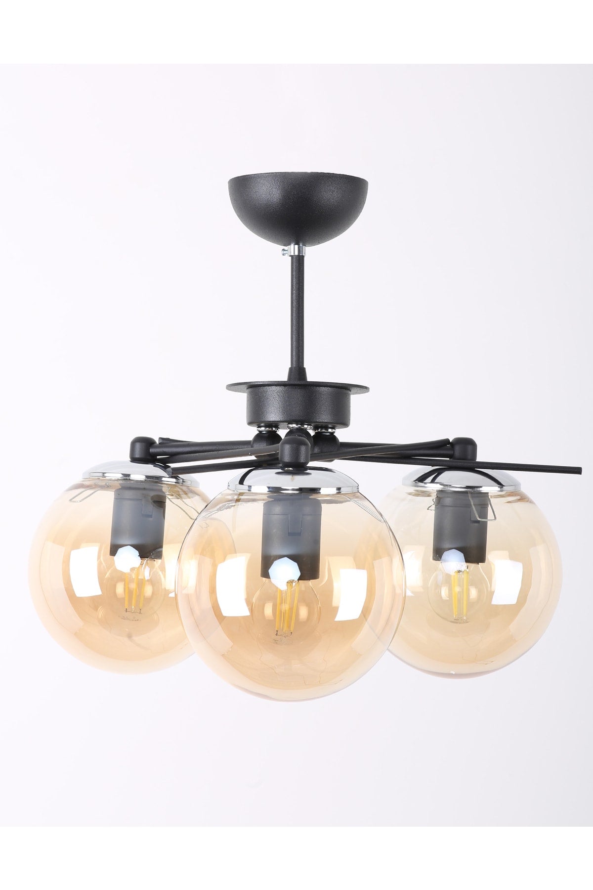 Dreieckiger Kronleuchter aus schwarzem Chrom und 3 Honiggläsern